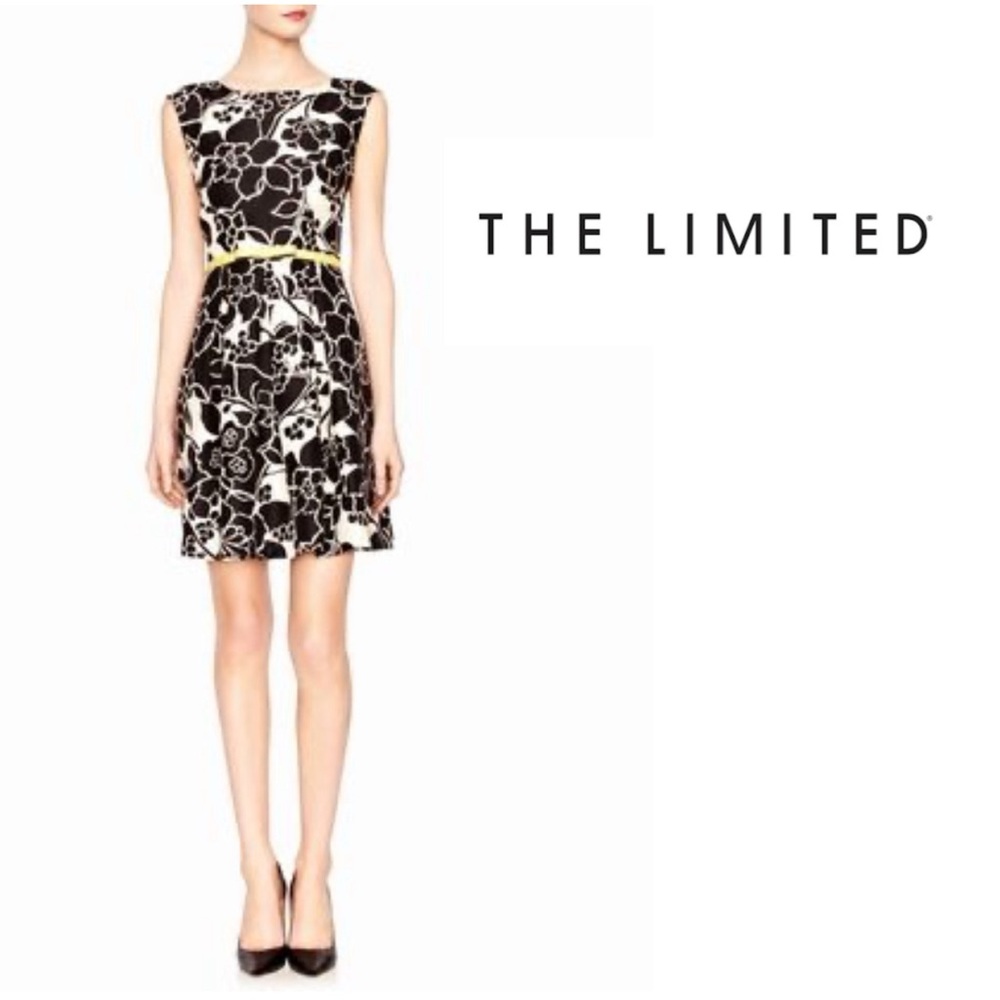 The Limited black‎ and white Floral Mini Dress with yellow belt